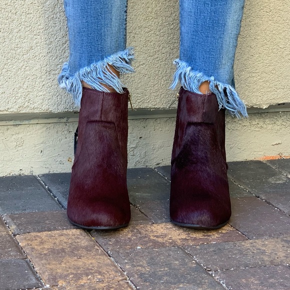 Burgundy Wine Genuine Pony Hair Wedge Ankle Boots - Picture 5 of 8